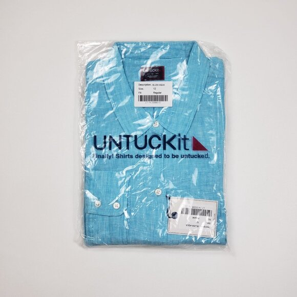 UNTUCKit Blush-Aqua Button-Up Shirt Women Size 12 Aqua Blue Linen LS Regular Fit - Picture 9 of 15